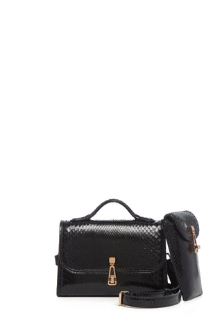 Black Snakeskin Leonora Flap Bag with Crossbody Strap - Three Quarter View | Gabriela Hearst
