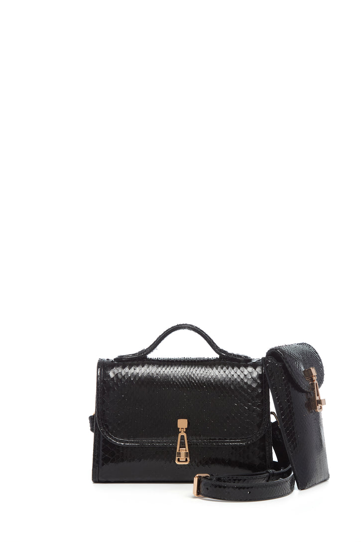 Small Leonora Flap Bag in Black Snakeskin with Sunglasses Pouch