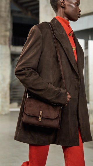 Dark Brown Suede Leonora Bag - Crossbody Style on Model | Gabriela Hearst