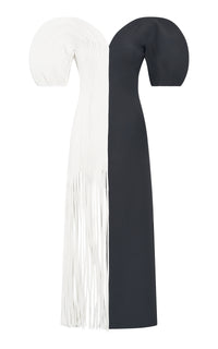 Lysander Midi Dress in Ivory Nappa Leather & Black Wool Silk Cady