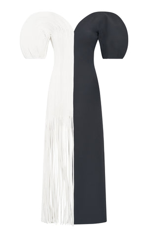 Lysander Fringe Midi Dress in Ivory Nappa Leather & Black Wool Silk Cady