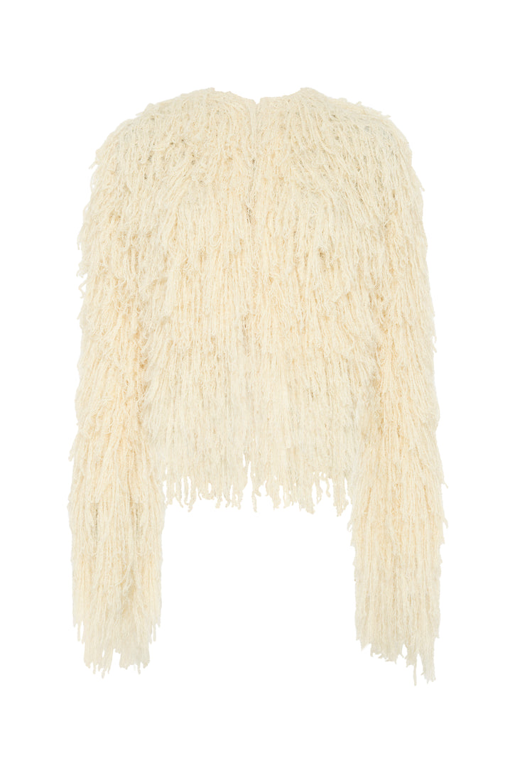 Amina Fringe Knit Jacket in Off White Silk Cashmere