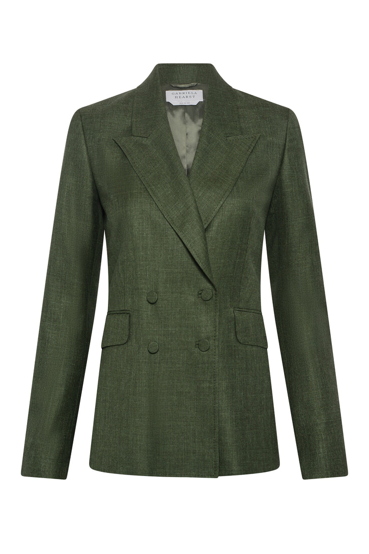 Angela Blazer in Olive Virgin Wool Silk with Linen