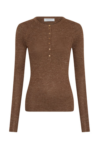 Anges Knit Henley in Chestnut Cashmere Silk with Hemp