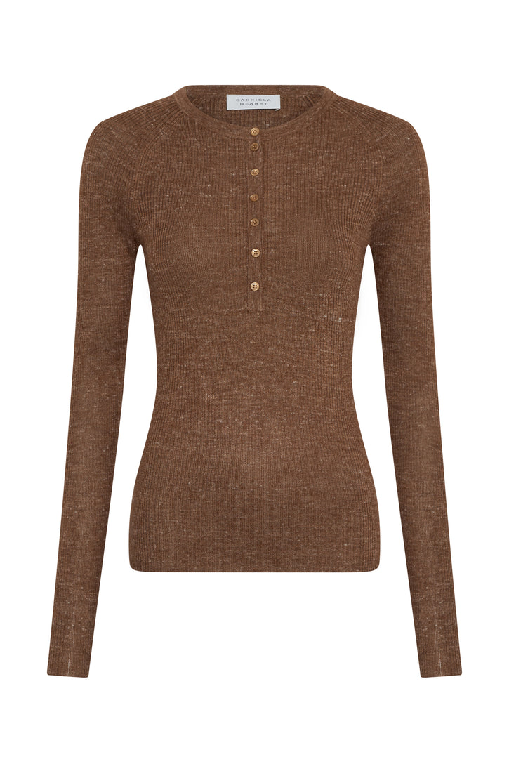 Anges Knit Henley in Chestnut Cashmere Silk with Hemp
