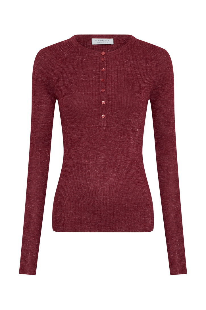 Anges Knit Henley in Bordeaux Cashmere Silk with Hemp