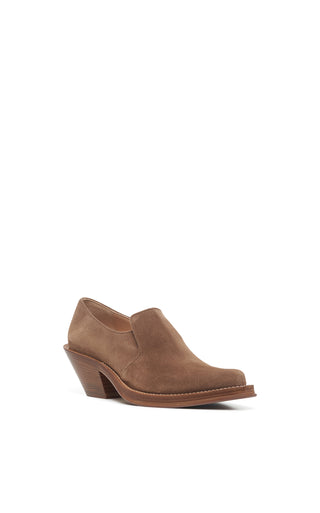 Dark Sand Suede Jack Loafer - Front Angle, Block Heel Detail | Gabriela Hearst