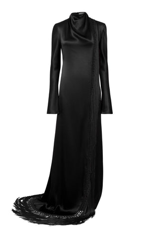 Anne Dress in Black Silk Satin with Silk Macrame