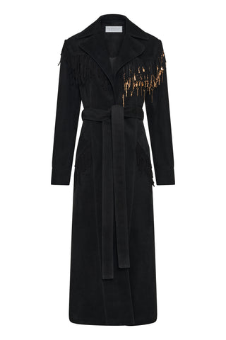 Black Suede Thaniel Fringe Trench Coat with Rose Gold Charms - Front View | Gabriela Hearst
