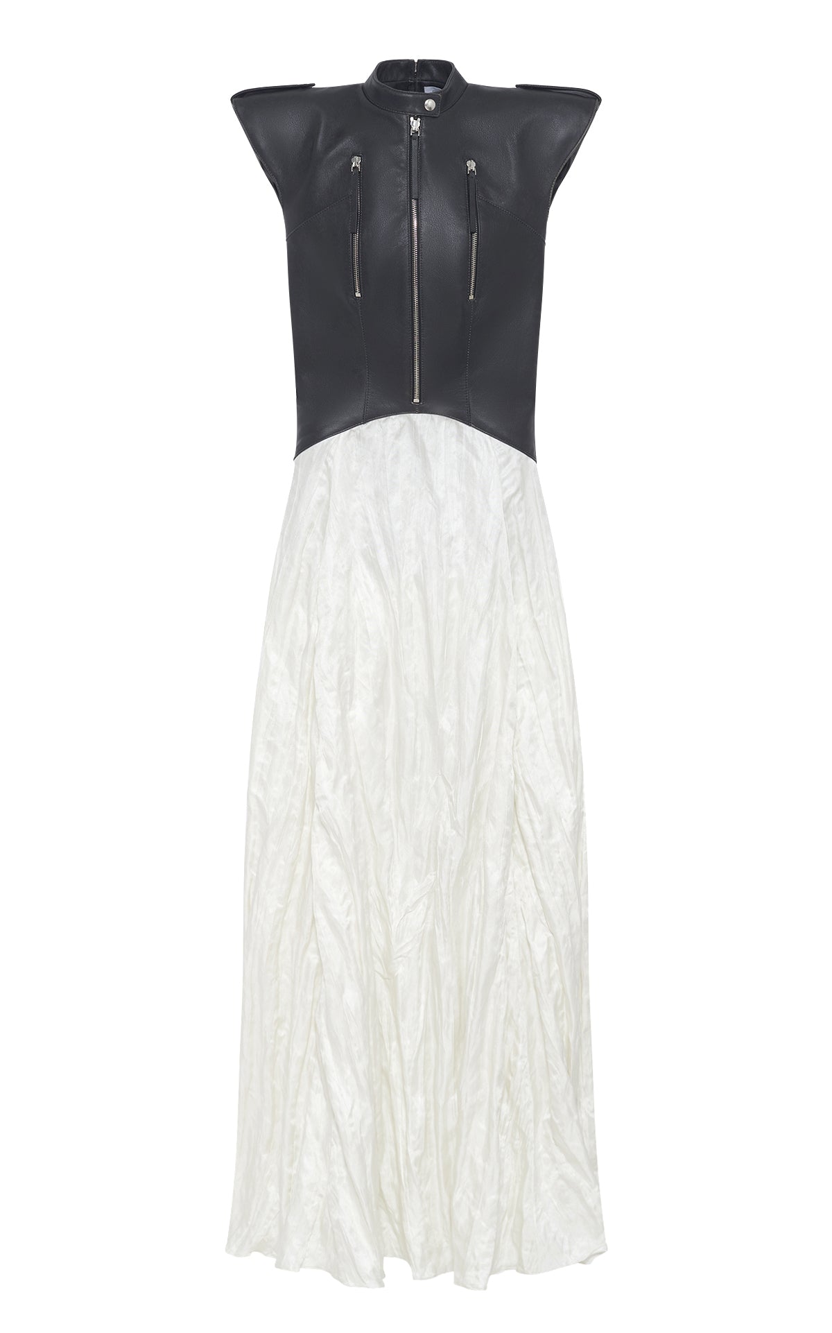 Athena Moto Midi Dress in Black Leather & Ivory Metallic Crinkled Silk