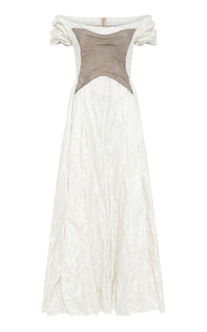 Augustine Chainmail Maxi Dress in Ivory Metallic Crinkled Silk & Silver Steel