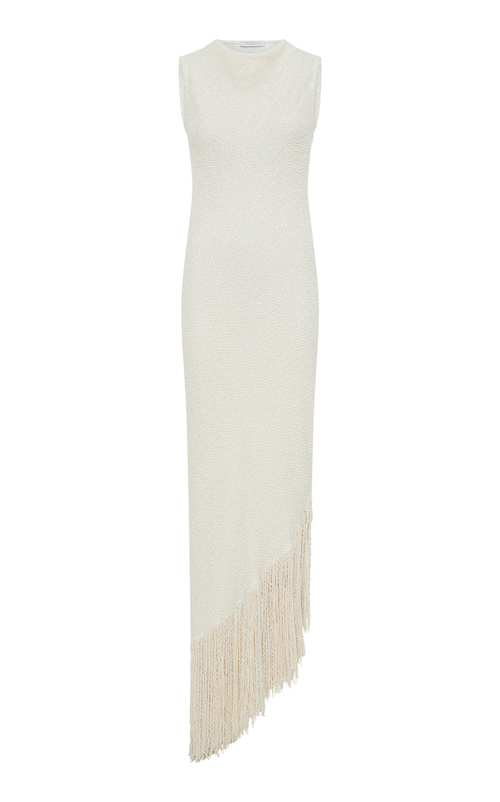 Awar Fringe Midi Dress in Ivory Silk Cashmere Boucle