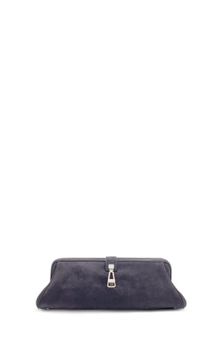 Dark Grey Suede Paola Clutch - Front View with Metal Clasp | Gabriela Hearst