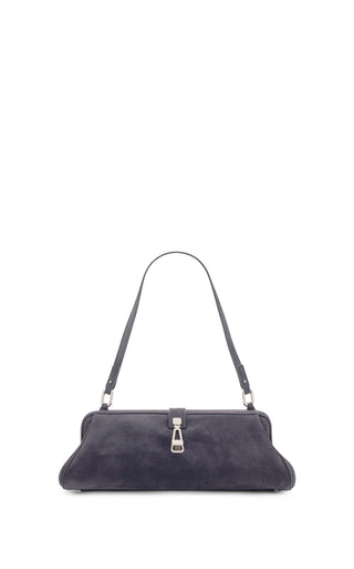Dark Grey Suede Paola Clutch - Front View with Shoulder Strap | Gabriela Hearst