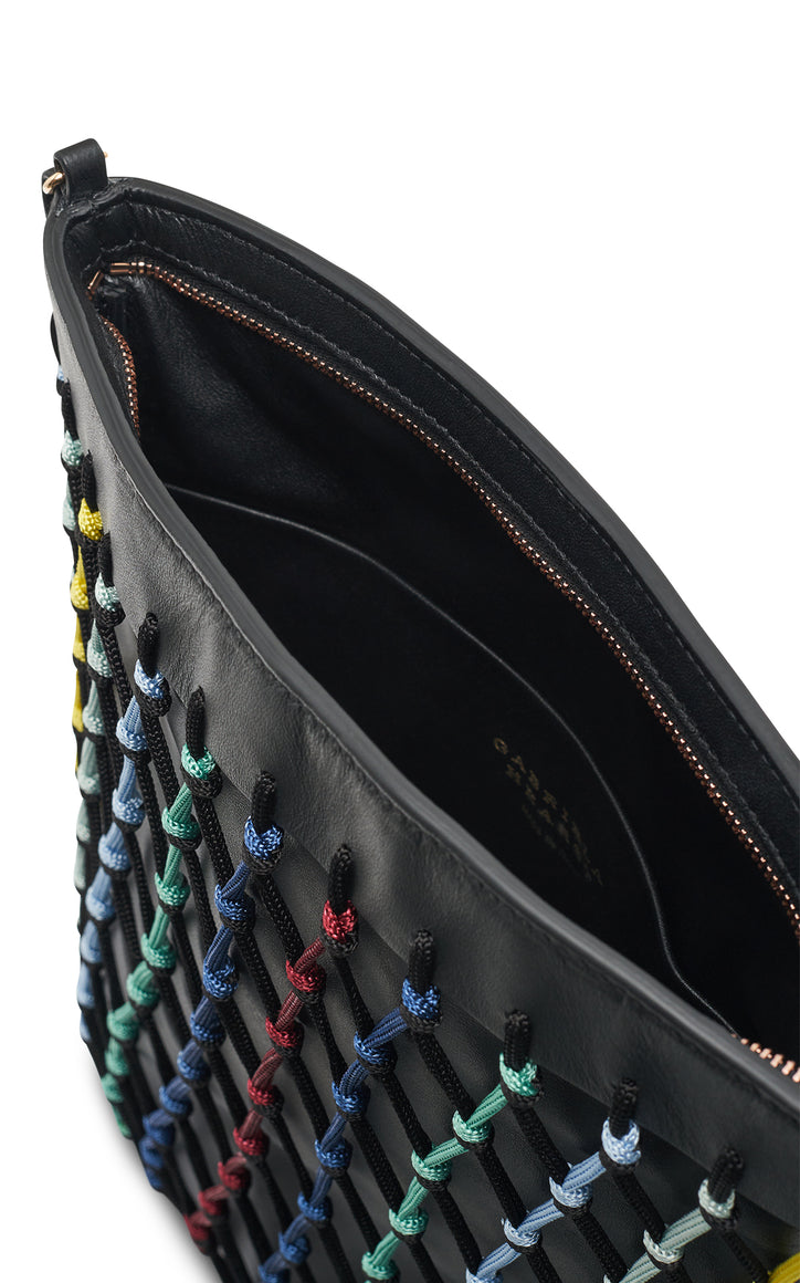 Naila Fringe Pouch in Black Multi Nappa Leather & Silk Macrame