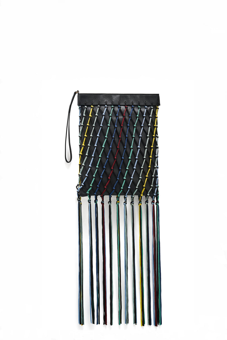 Naila Fringe Pouch in Black Multi Nappa Leather & Silk Macrame