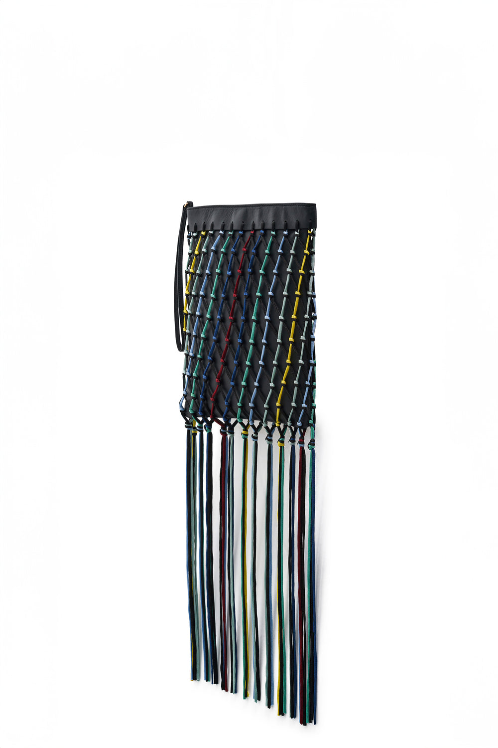 Naila Fringe Pouch in Black Multi Nappa Leather & Silk Macrame