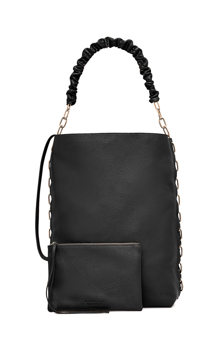 Chain Tote Bag in Black Textured Leather