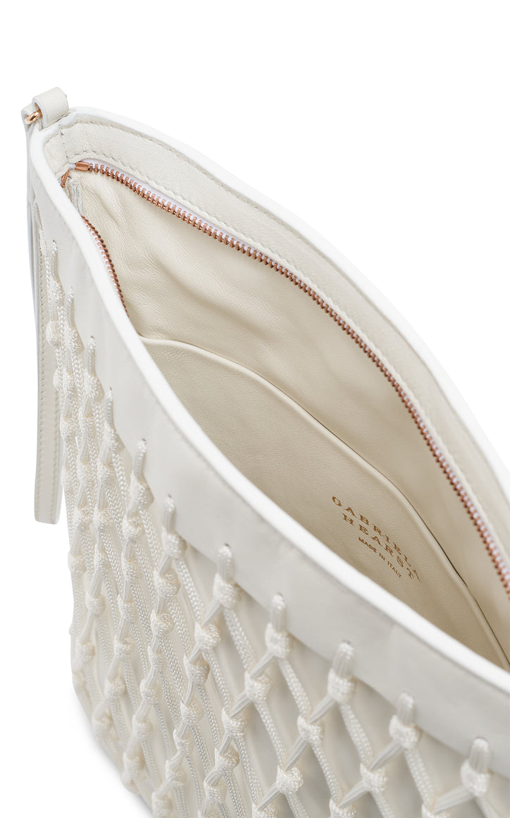 Naila Fringe Pouch in Ivory Nappa Leather & Silk Macrame