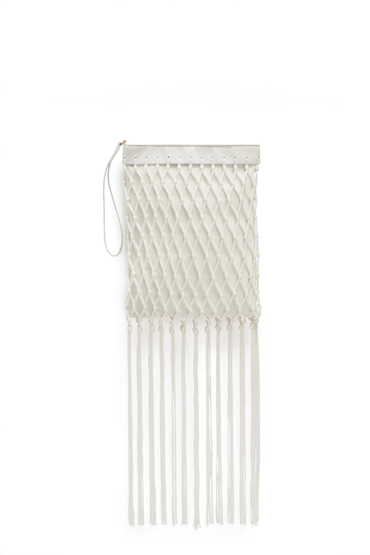 Naila Fringe Pouch in Ivory Nappa Leather & Silk Macrame