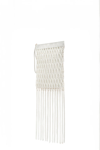 Naila Fringe Pouch in Ivory Nappa Leather & Silk Macrame