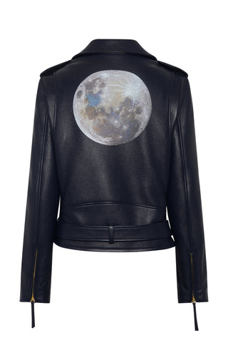 Dark Navy Deerskin Biker Jacket with Hand-Painted Moon Print - Back View | Gabriela Hearst