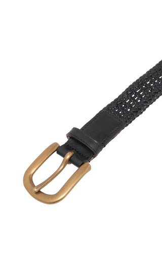 Sam Braided Black Leather Belt - Antique Brass Buckle & Leather Keeper Close-Up | Gabriela Hearst