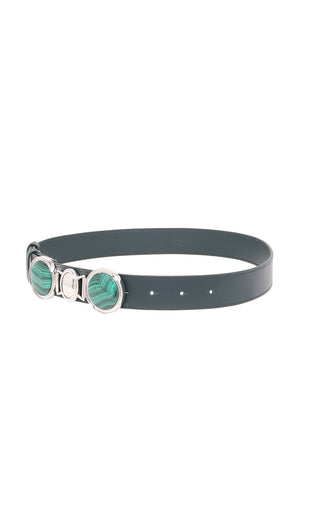 Bottle Green Calf Leather Belt with Malachite Stone Buckle - Side Angle | Gabriela Hearst