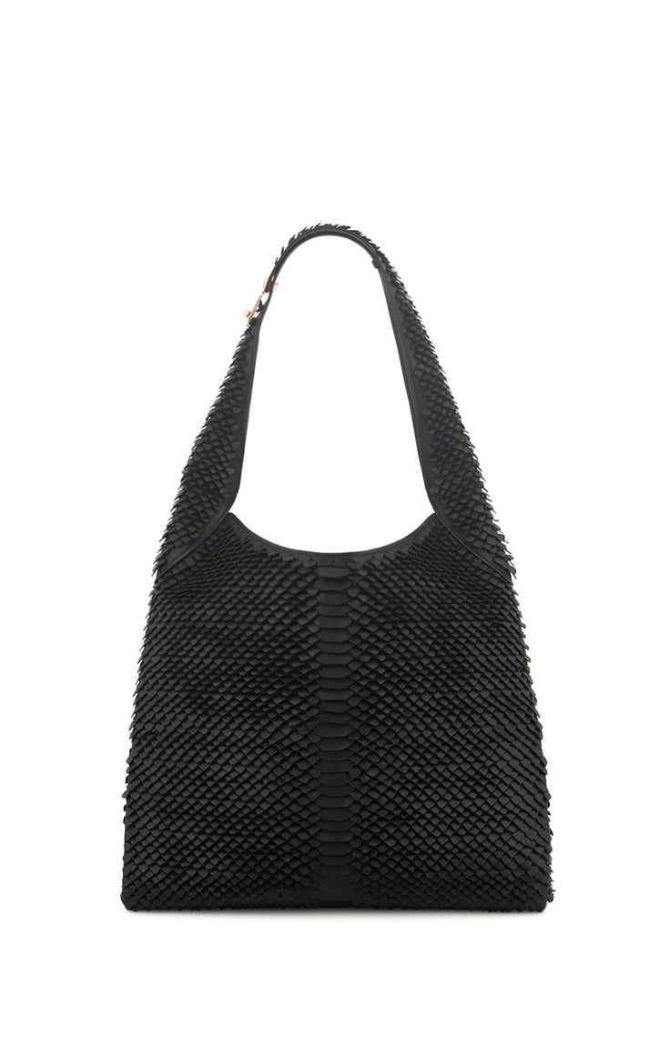Large Hobo Bag in Black Leather Snake Scales