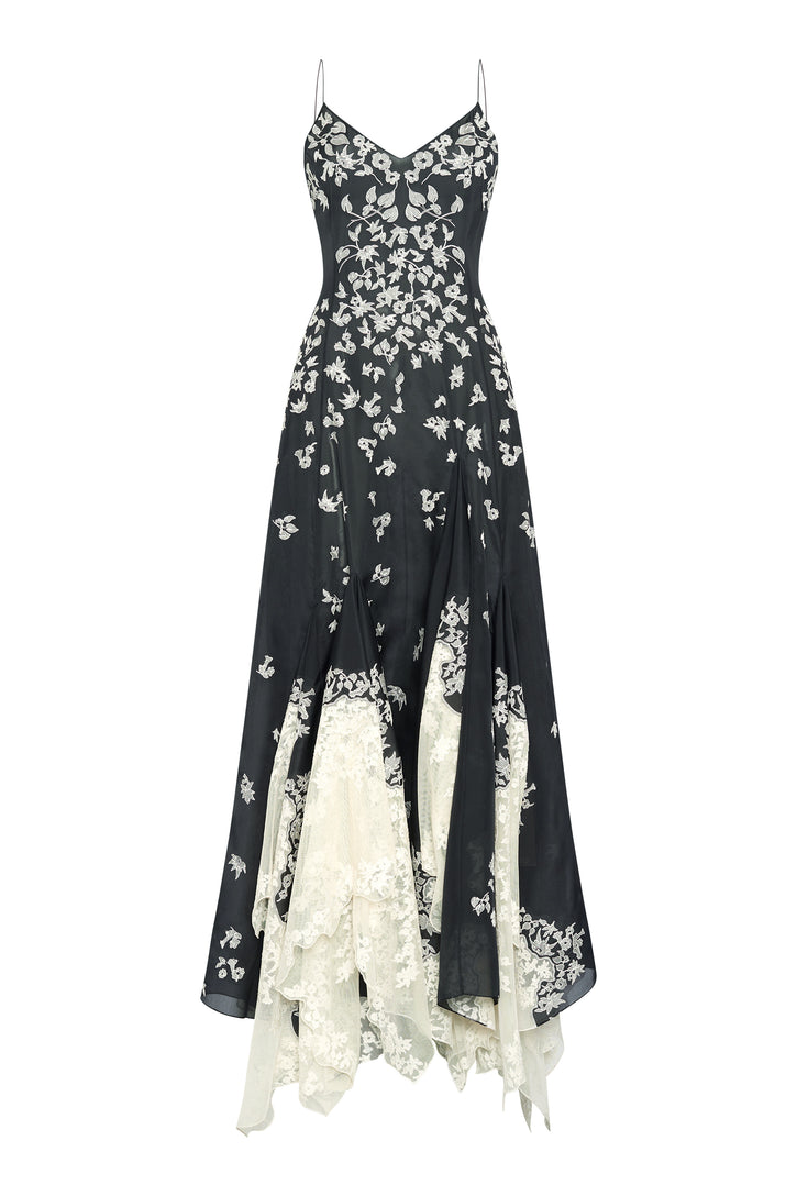 Neville Embroidered Slip Dress in Black Multi Silk Organza