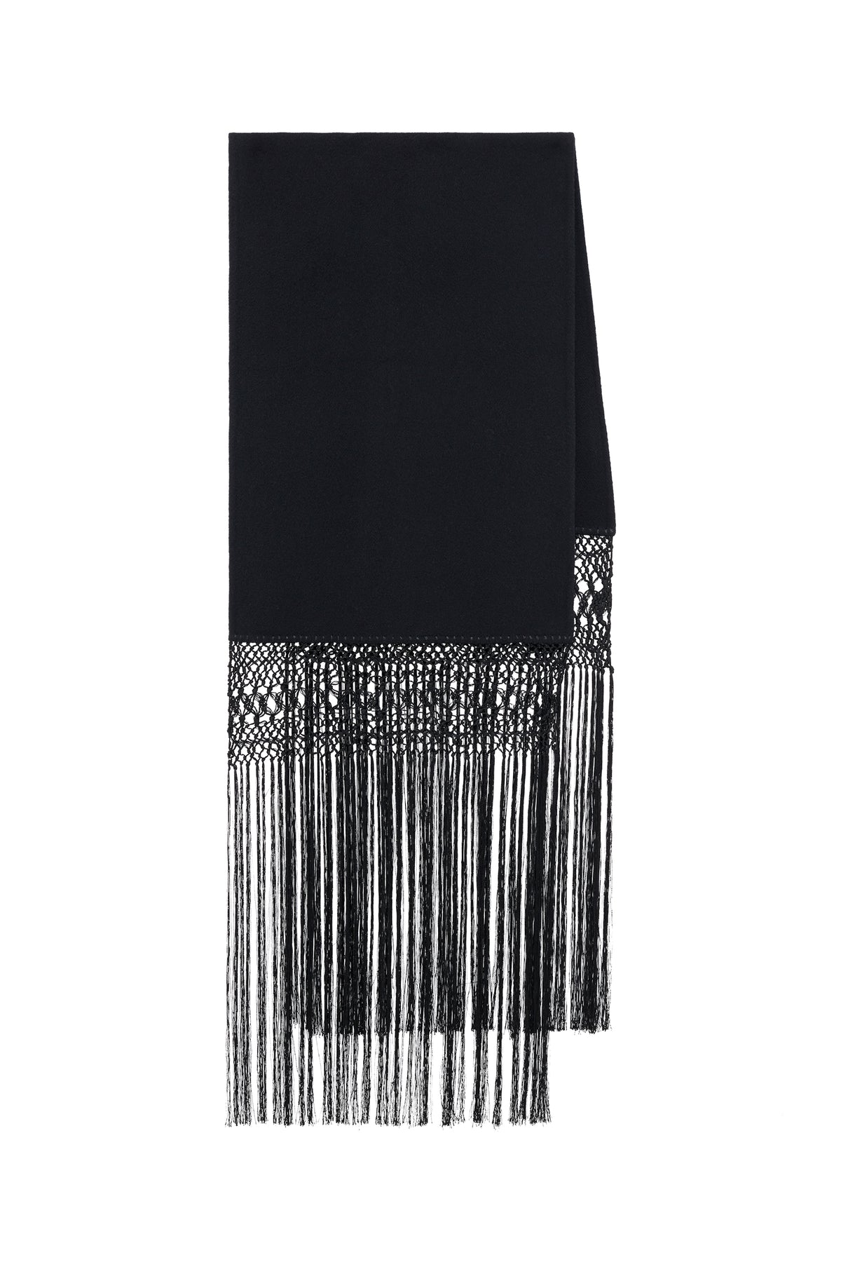 Egret Fringe Scarf in Black Double-face Recycled Cashmere & Silk Macrame