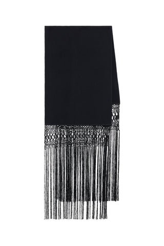 Egret Fringe Scarf in Black Double-face Recycled Cashmere with Silk Macrame