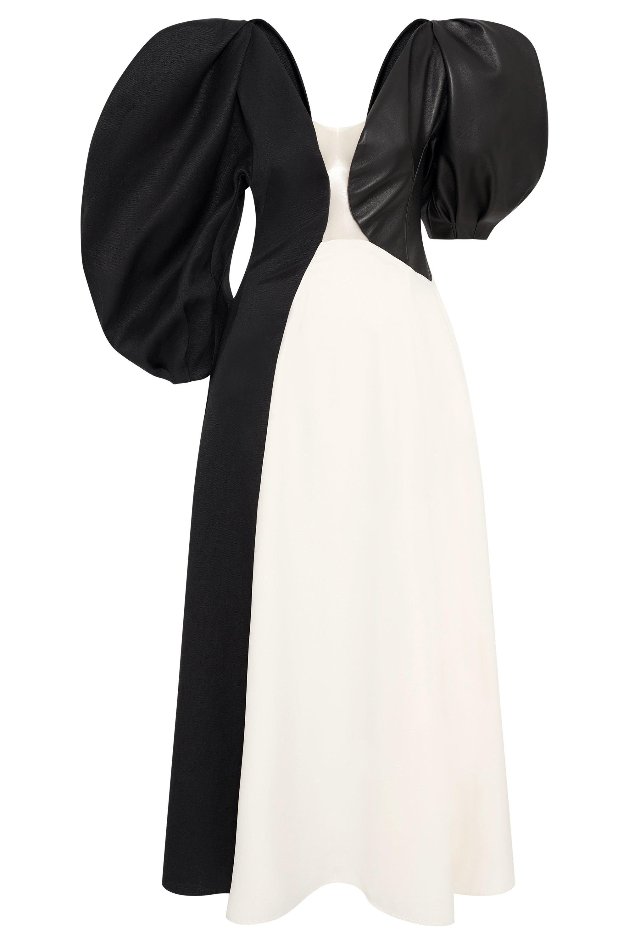 Sephir Puff Sleeve Maxi Dress in Ivory Silk Wool Cady, Black Linen Slub & Leather