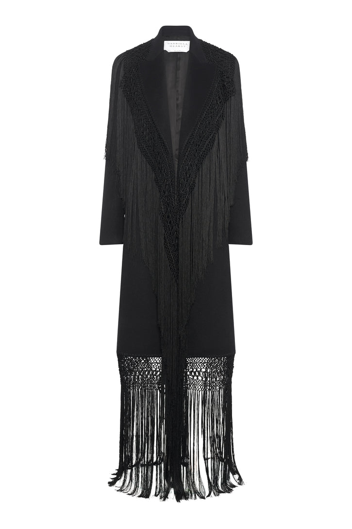 Mcaffrey Coat in Black Double-face Recycled Cashmere with Silk Macrame