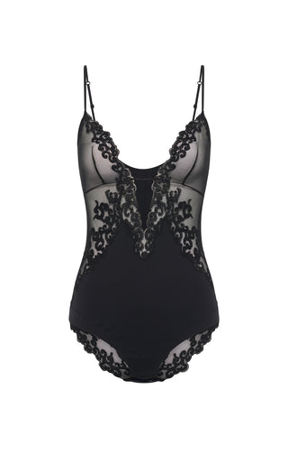 Black Recycled Nylon Lace Wynona Bodysuit - Flat Lay Product Shot | Gabriela Hearst