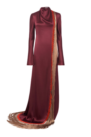Anne Dress in Bordeaux Silk Satin with Silk Macrame