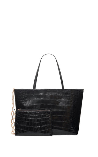 Black Crocodile Leather Croco Tote with Rose Gold Chain Pouch - Front Detail | Gabriela Hearst