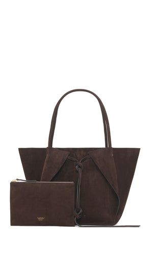 Chocolate Suede Marija Tote with Matching Pouch - Front View | Gabriela Hearst