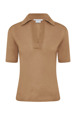 Caius Knit Short Sleeve Polo in Camel Cashmere Silk