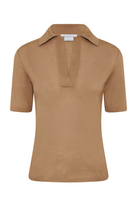 Caius Knit Short Sleeve Polo in Camel Cashmere Silk