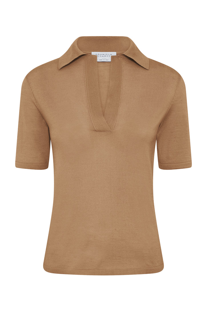 Caius Knit Short Sleeve Polo in Camel Cashmere Silk