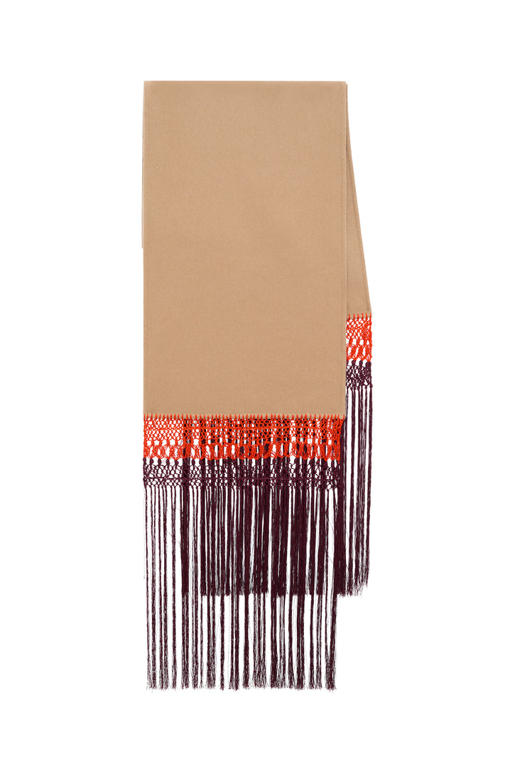 Egret Fringe Scarf in Camel Double-face Recycled Cashmere & Silk Macrame