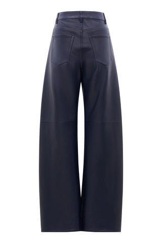 Navy Blue Textured Leather Barrel-leg Jeans - Back View | Gabriela Hearst