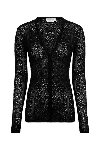 Black Lace Knit Merino Wool Cardigan - Front View | Gabriela Hearst