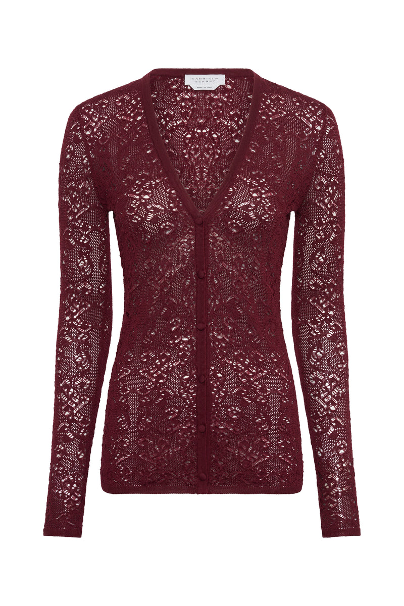 Bordeaux Merino Wool Lace Knit Cardigan - Flat Lay | Gabriela Hearst