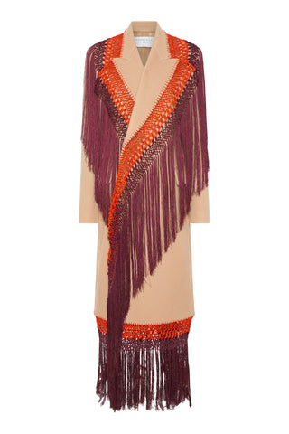 Mcaffrey Fringe Coat in Camel Double-face Recycled Cashmere with Silk Macrame