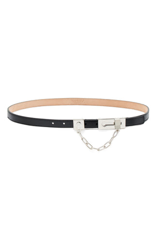 Black Leather Lock Belt with Silver Chain Hardware - Front View | Gabriela Hearst