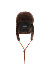 Karina Hat in Cognac Vaquetta Leather & Brown Recycled Fur
