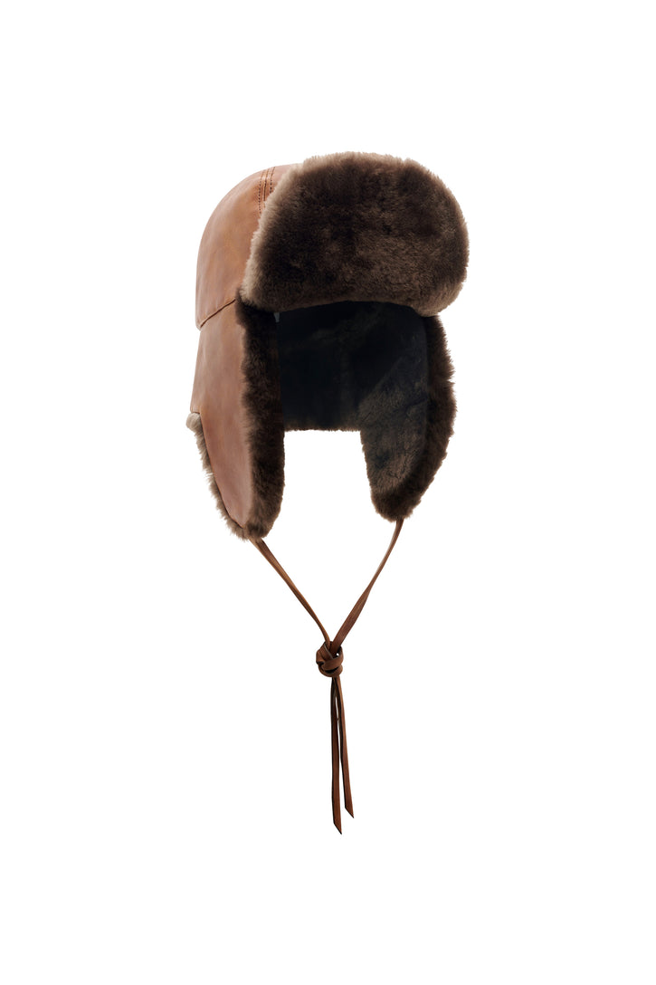Karina Hat in Cognac Vachetta Leather & Brown Recycled Fur