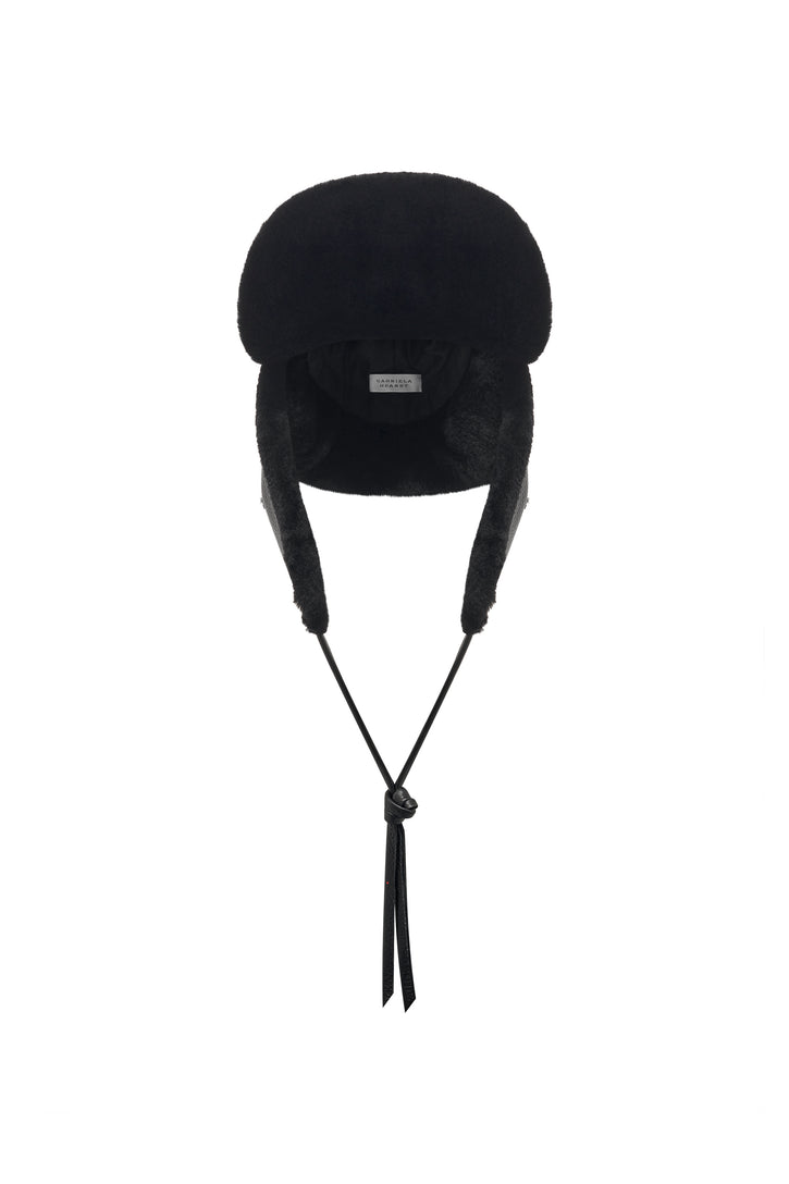 Karina Hat in Black Textured Leather & Recycled Fur